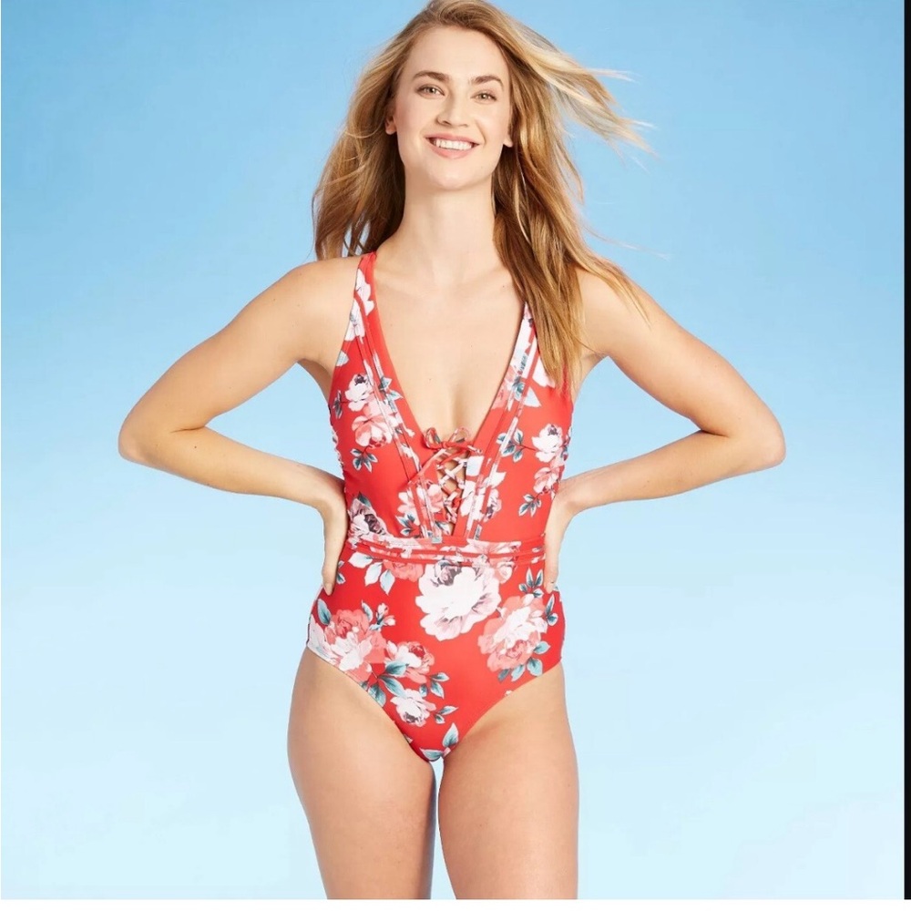 Kona Sol Swim Red Floral Front Lace One Piece Swimsuit Size Medium